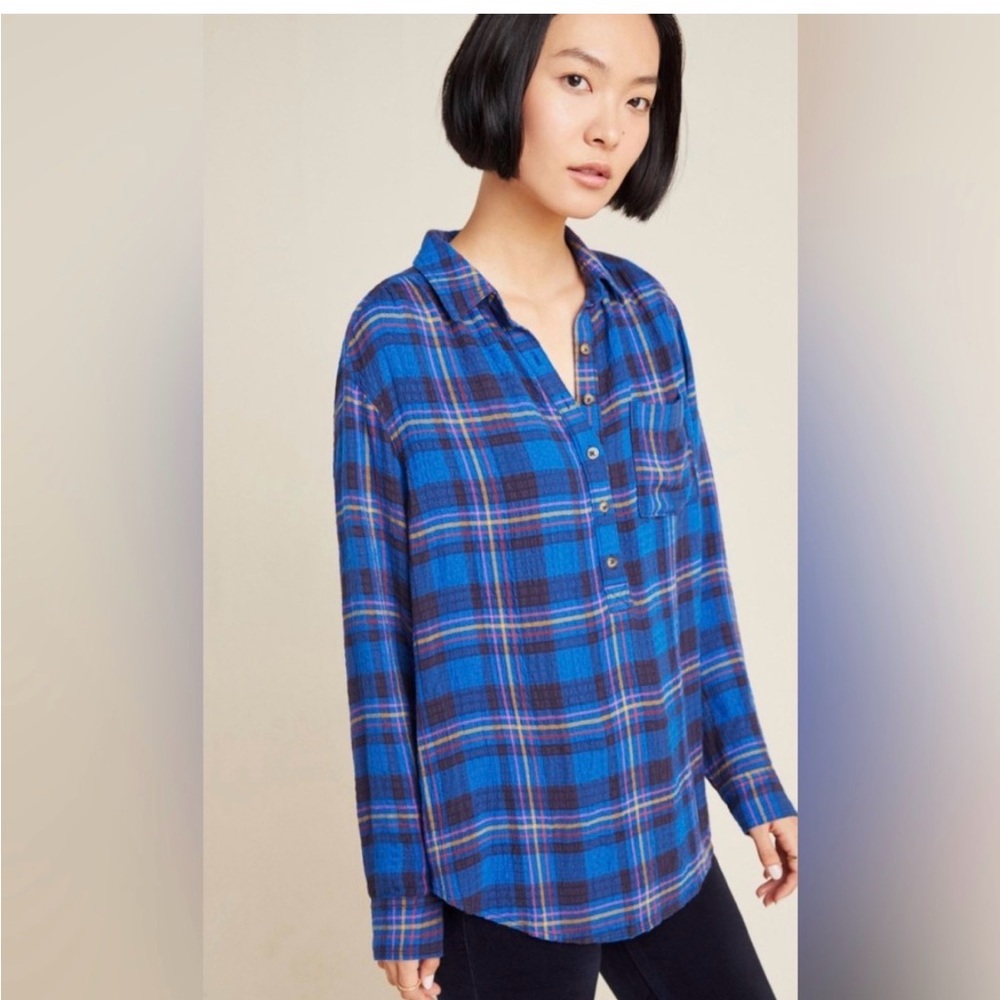 Anthropologie isadora Blue Plaid Button-Down tunic /S/